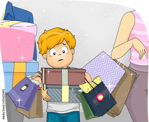 Kid Boy Parents Impulse Buying Illustration