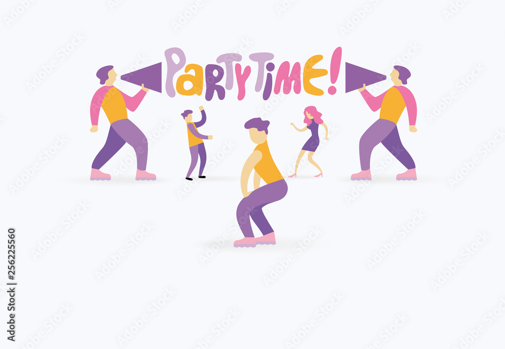 Two men shouting through megaphone, inviting to the party and a dancing people. Handwritten cartoon style slogan “Party Time” Two men shouting through megaphone, inviting to the party and a dancing people. Handwritten cartoon style slogan “Party Time”