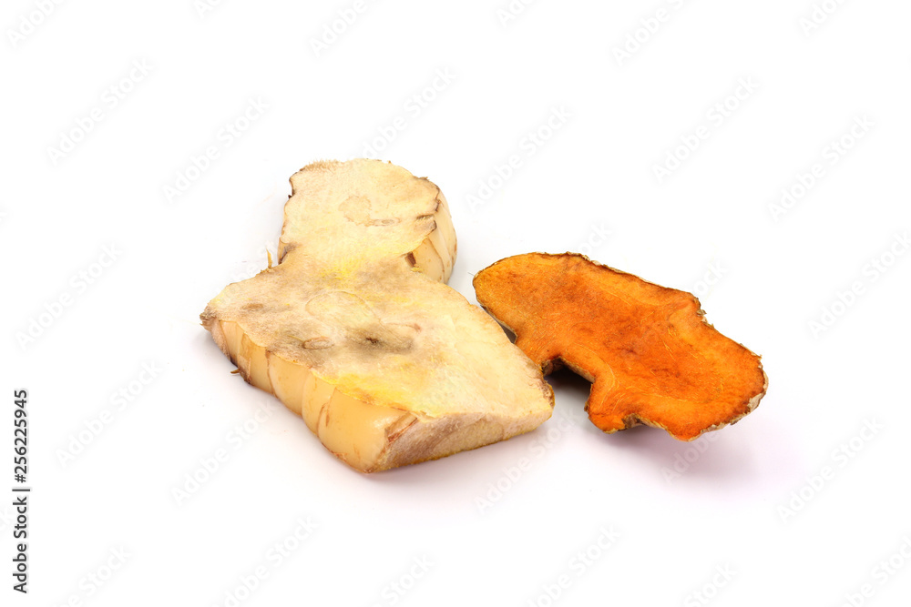 Galangal with Turmeric is a rhizome of plants Herbs isolated on white background.