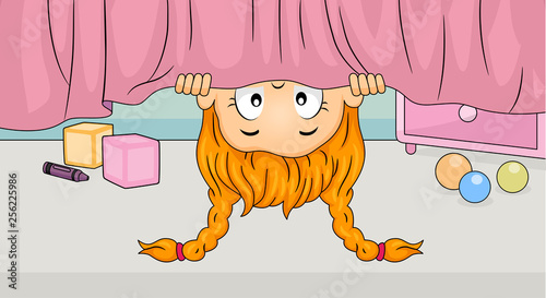 Kid Girl Look Under Bed Illustration
