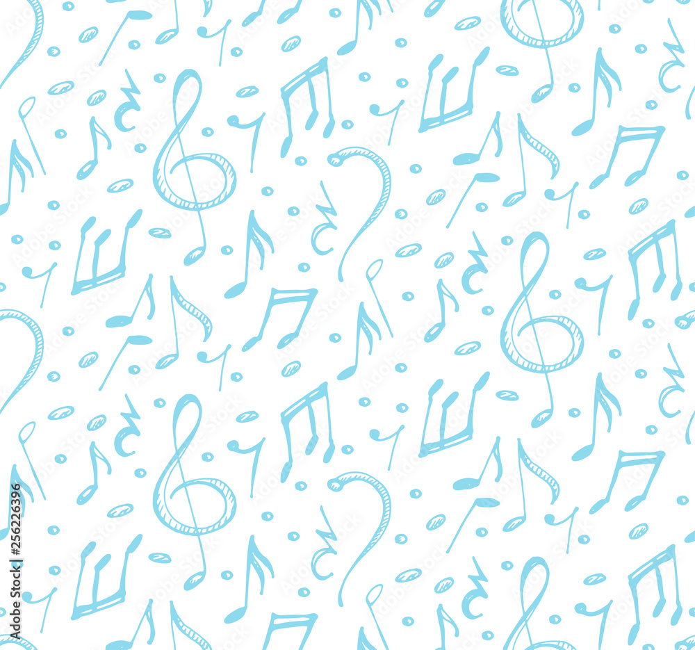 Seamless pattern sketches blue musical signs and notes.
