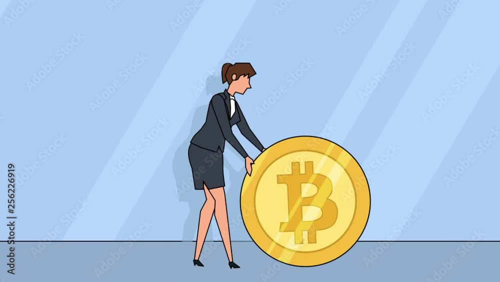 Flat cartoon businesswoman character roll bitcoin coin money concept animation with alpha matte Flat cartoon businesswoman character roll bitcoin coin money concept animation with alpha matte