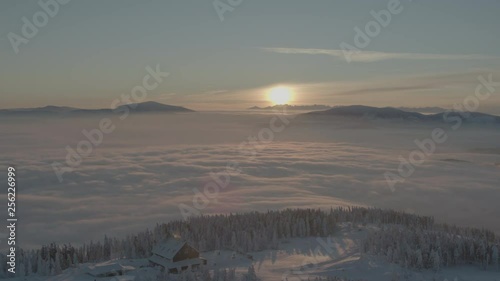 Wallpaper Mural Aerial drone view of sunrise in snowy mountains over clouds and white trees in winter  Torontodigital.ca