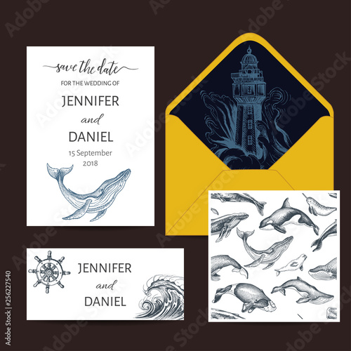 Wedding Card with whale. Colorful vector illustration with wildlif animals. Save the date invitation.