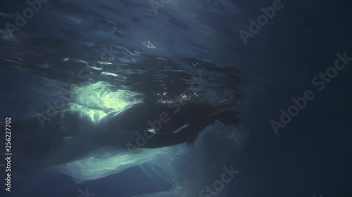 Girl in a white dress with ribbons under the water