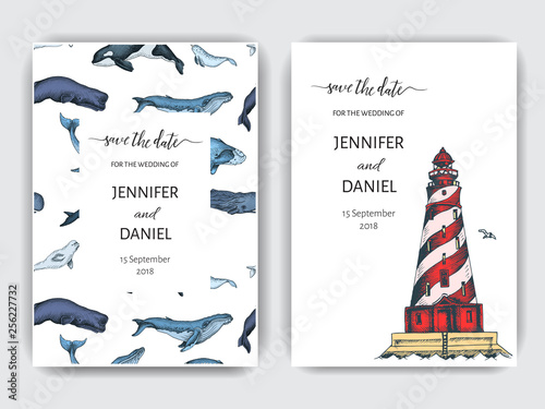 Wedding Card with whale. Colorful vector illustration with wildlif animals. Save the date invitation.
