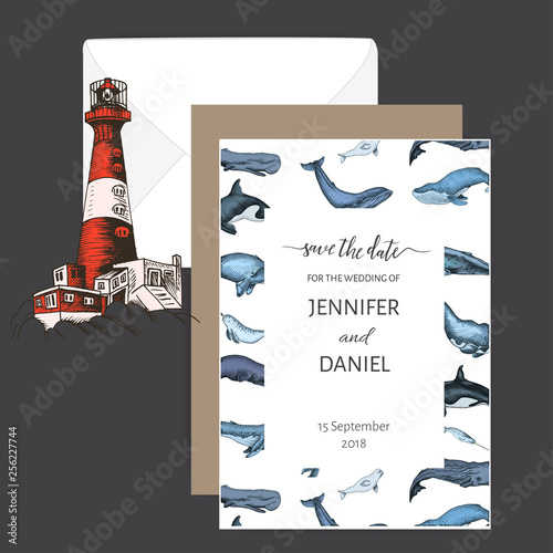 Wedding Card with whale. Colorful vector illustration with wildlif animals. Save the date invitation.