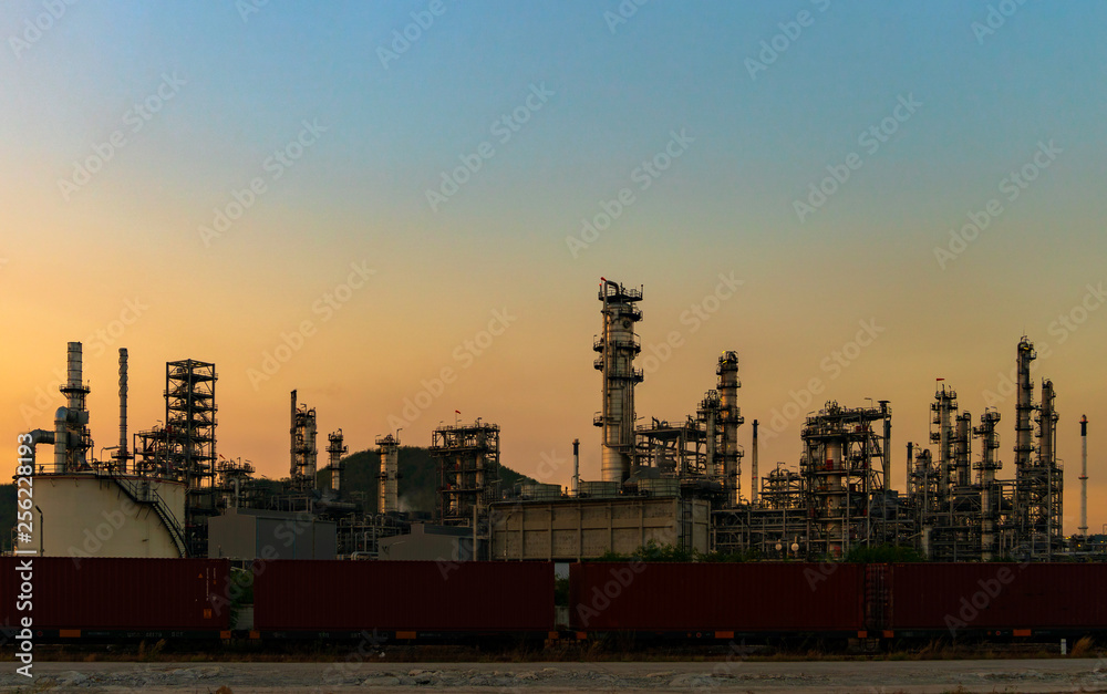 Oil refinery at sunset.
