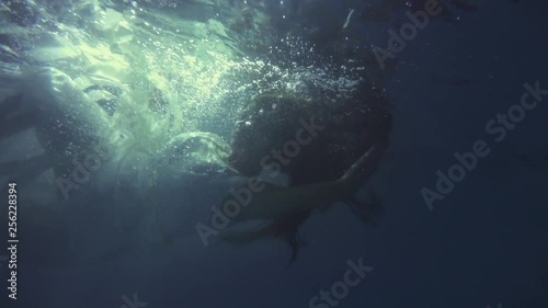 Girl in a white dress with ribbons under the water