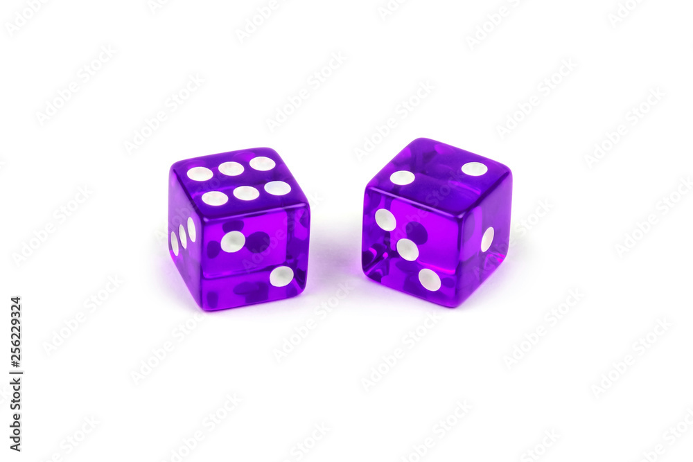 Two purple glass dice isolated on white background. Six and two. Two purple glass dice isolated on white background. Six and two.
