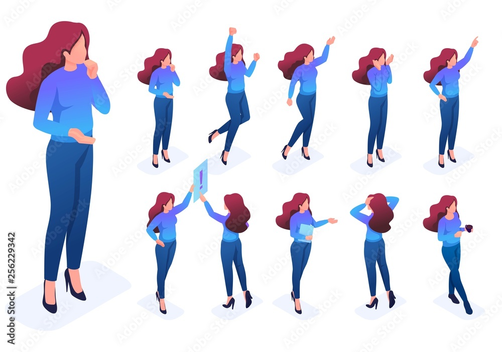 Obraz premium Set Poses Gestures Character, Woman Create Vector Illustrations Isolated Background