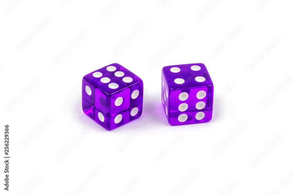 Two purple glass dice isolated on white background. Six and four. Two purple glass dice isolated on white background. Six and four.