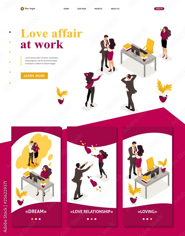 Isometric Website Template Landing page love affair at work, colleagues shocked love colleagues Isometric Website Template Landing page love affair at work, colleagues shocked love colleagues