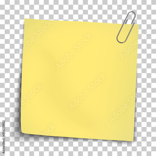 Vector paper mockup of yellow note attached by metallic paper clip placed on transparent background.