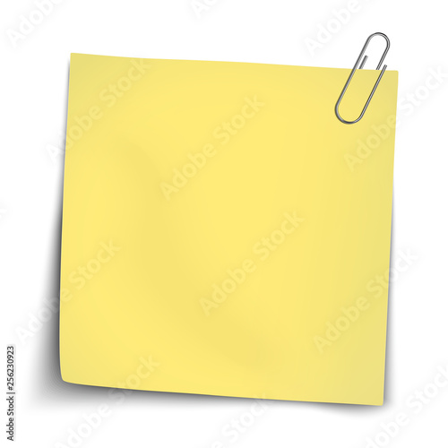 Vector paper mockup of yellow note attached by metallic paper clip placed on white background.