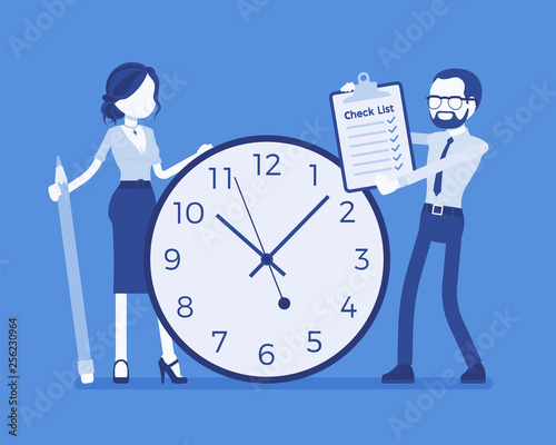 Time, duties for business people. Businessman and businesswoman standing at giant clocks, check list with task employees need to do, plan for team to perform. Vector illustration, faceless characters