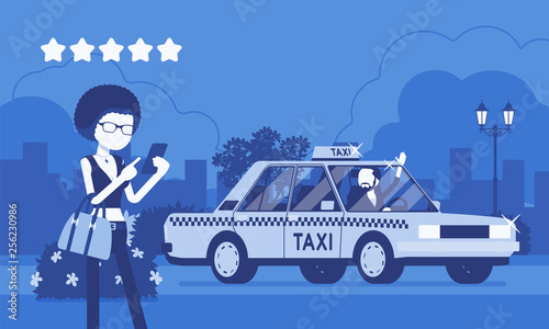 Good car driver in taxi rating app system. Happy female passenger ranking with smartphone application, service, route, price, safety performance at five stars. Vector illustration, faceless characters