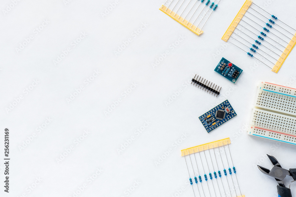 DIY arduino. Flat layout on white background, copy space. Electronic ...