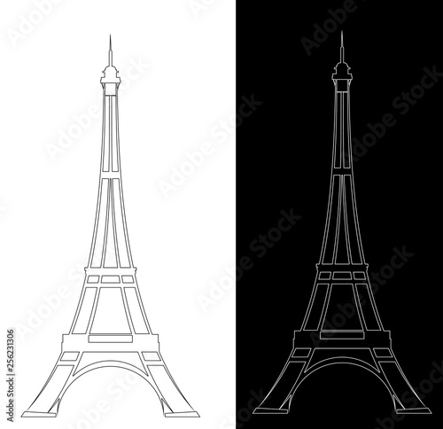 eiffel tower elegant contour drawing outline - black and white vector landmark design set