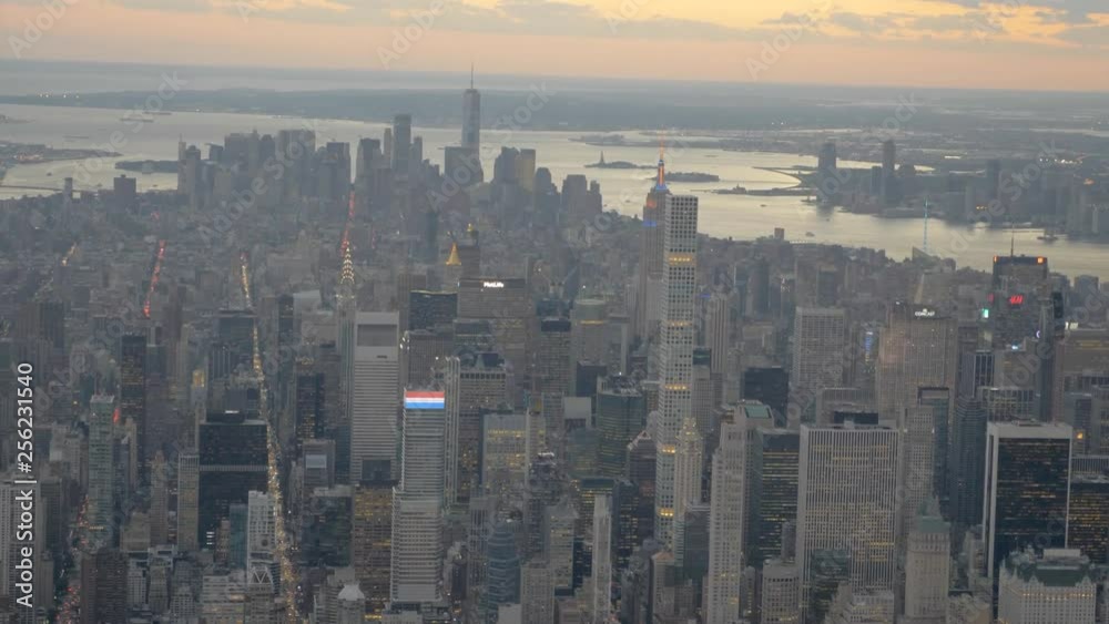 Helicopter aerial view of New York city downtown at sunset Helicopter aerial view of New York city downtown at sunset