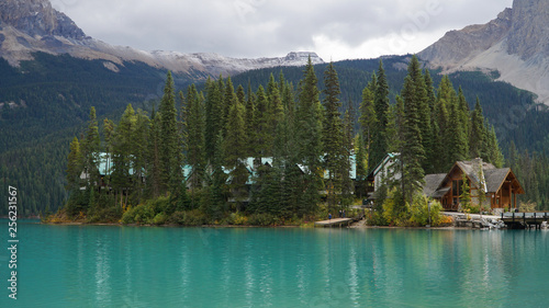 Lake and Mountain Landscapes at Emerald Lake in Yoho National Park, British Columbia, Canada.