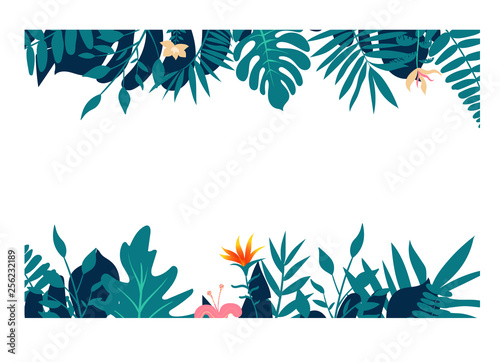 Exotic tropical jungle rainforest bright green navy turquoise palm tree and monstera leaves border frame template on white background.