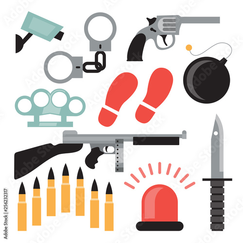 Vector illustration icon set of crime: handcuffs, camera, pistol, brass knuckles, bomb, automatic, knife, bullet, siren