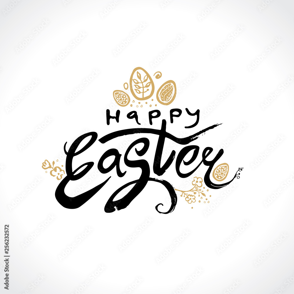 Happy Easter. Vector logo golden and black. Doodle sketch hand drawn Easter eggs and flowers. Easter handwritten inscription. Modern calligraphy.