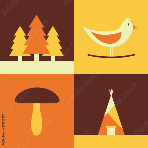 Vector illustration icon set of forest, bird, mushroom, house