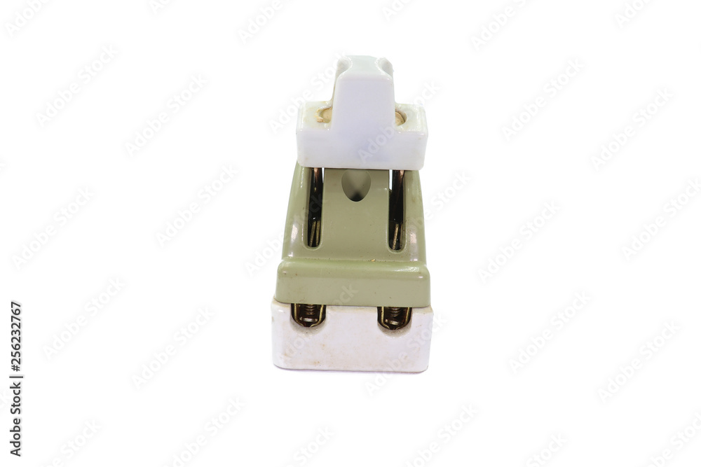 Old ceramic circuit breaker (Cut out) isolated on white background. Old ceramic circuit breaker (Cut out) isolated on white background.