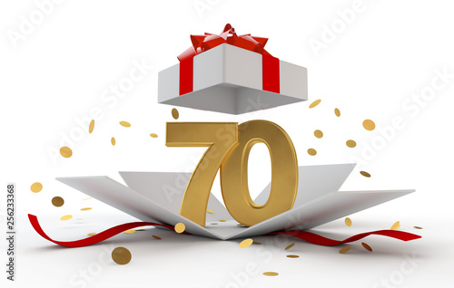 Wall Mural Happy 70th birthday gold surprise boxwith red ribbon