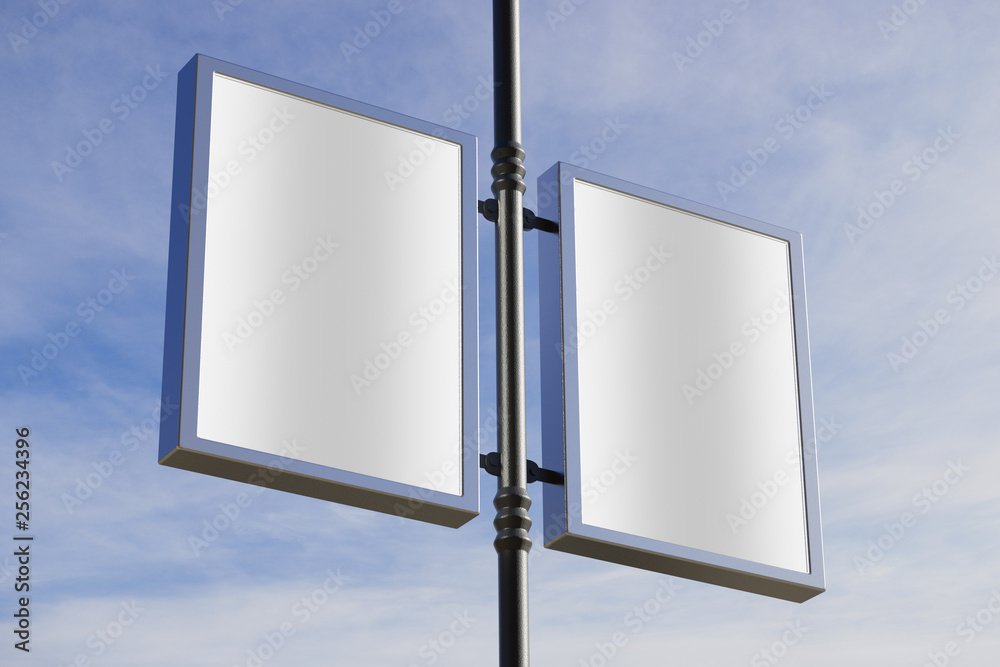 3D rendering of blank billboard (empty advertisement) with clouds. Empty mockup template 3D rendering of blank billboard (empty advertisement) with clouds. Empty mockup template