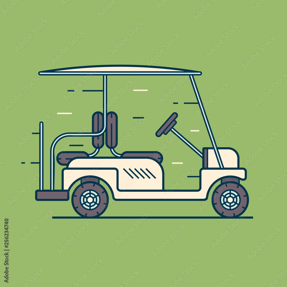 Vector electric golf car in motion. Transport, vehile isolated on green background