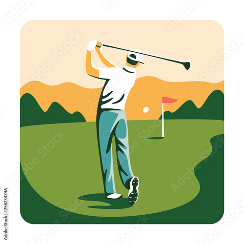 Man playing golf on a golf course in the sun.Vector illustration.