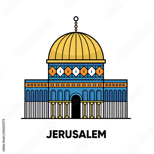 Israel, Jerusalem, Mosque Dome of the Rock, vector travel illustration, flat icon