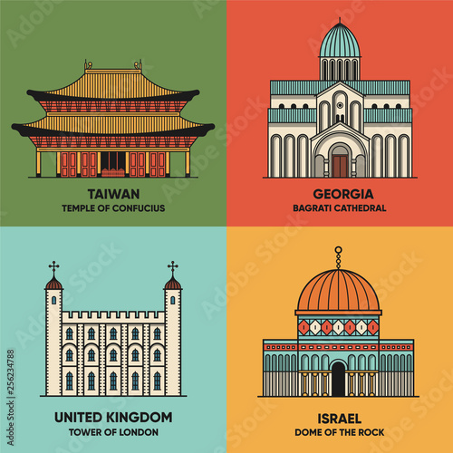 Travel landscapes set with different landmarks scenes. Taiwan - Temple of Confucius, Georgia - Bagrati Cathedral, United Kingdom - Tower of London, Israel - Dome of the Rock