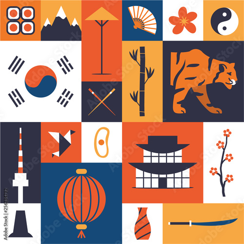 South Korea. Vector illustration. Korean cultural symbols. Set of flat icons. Traditional cuisine and clothes, nature and landmarks, etc. Isolated elements on color background.