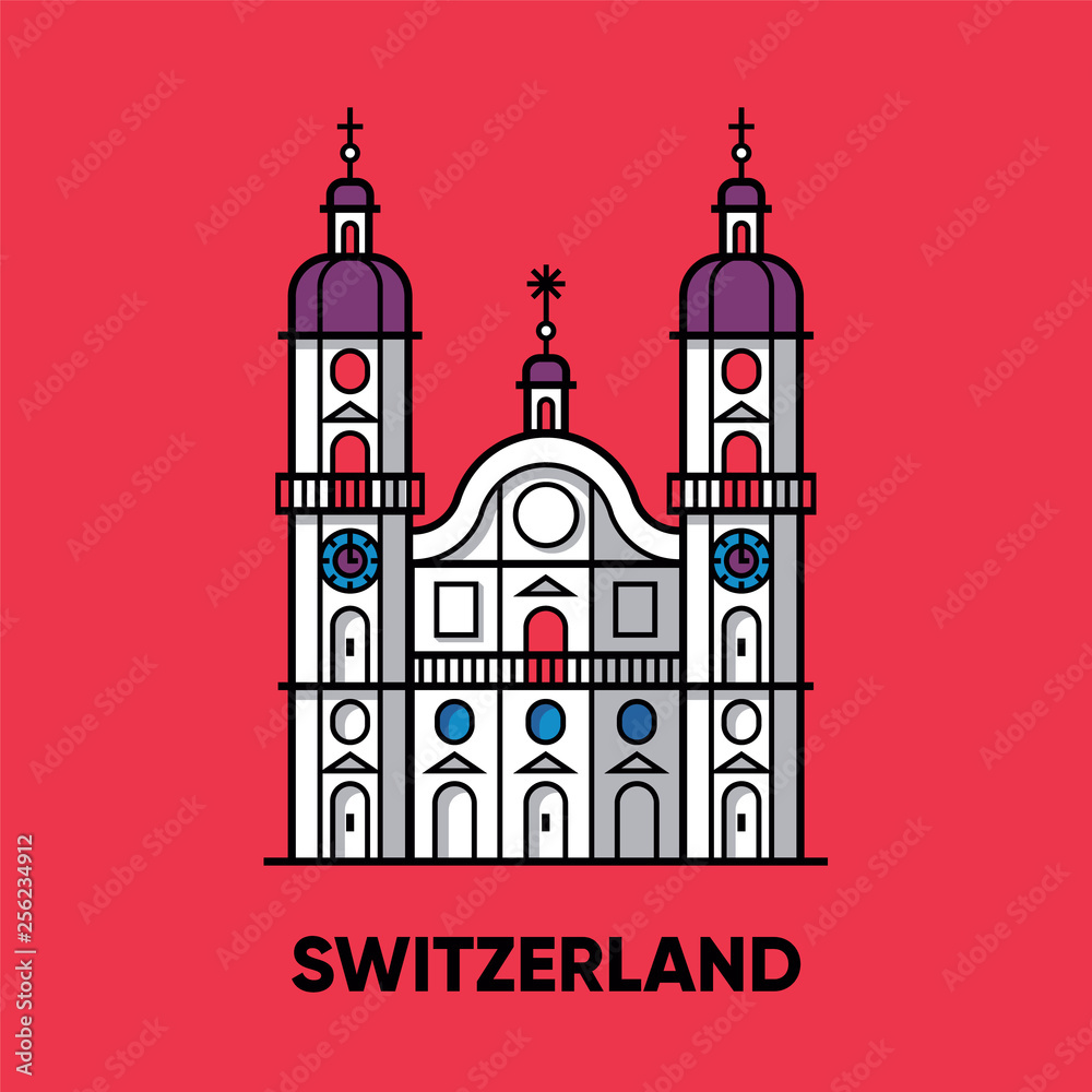 Switzerland, Abbey of Saint Gall, vector travel illustration, flat icon