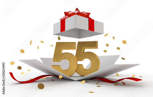 Wall Mural Happy 55th birthday gold surprise boxwith red ribbon