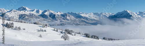 Champsaur Valley, Hautes-Alpes, European Alps, France: Panoramic Winter view on the valley with Chaillol Peak and Autane mountain range from Gleize Pass © Francois Roux