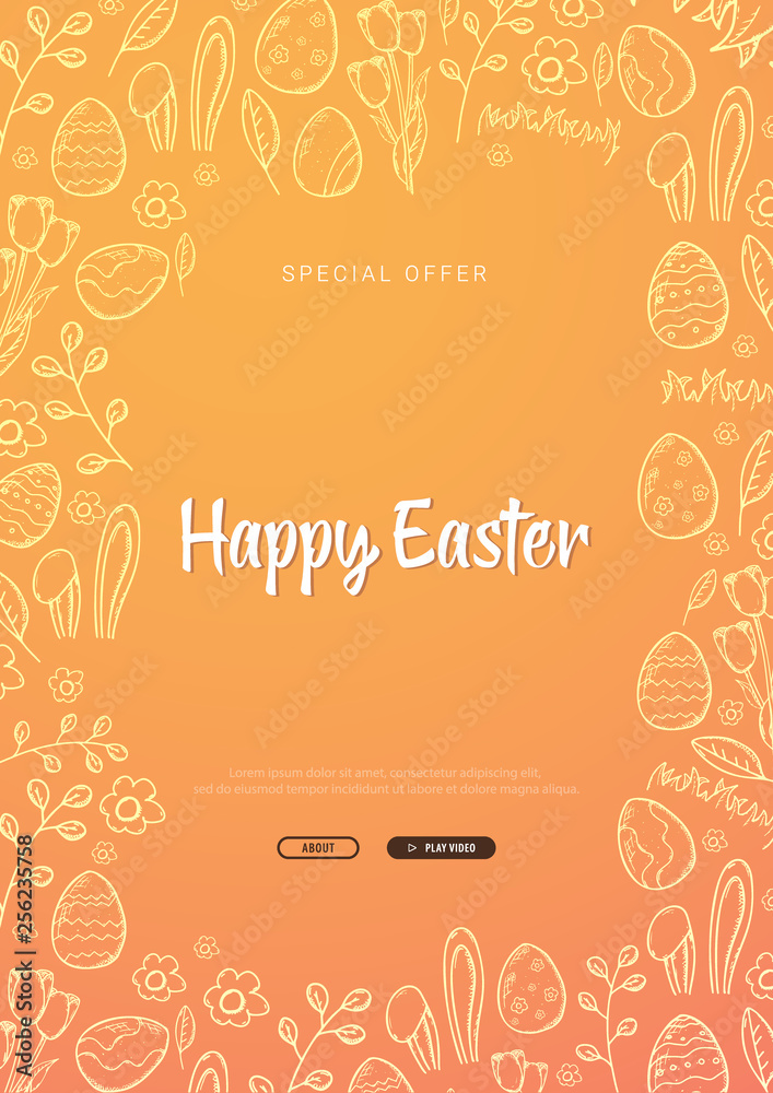 Happy Easter background with traditional sketches decorations. Easter greeting with colored eggs, rabbit.