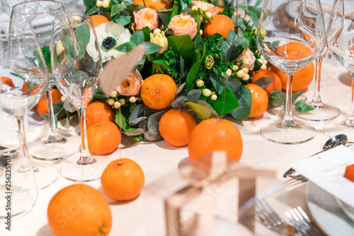 wedding table decoration with fruits and flowers