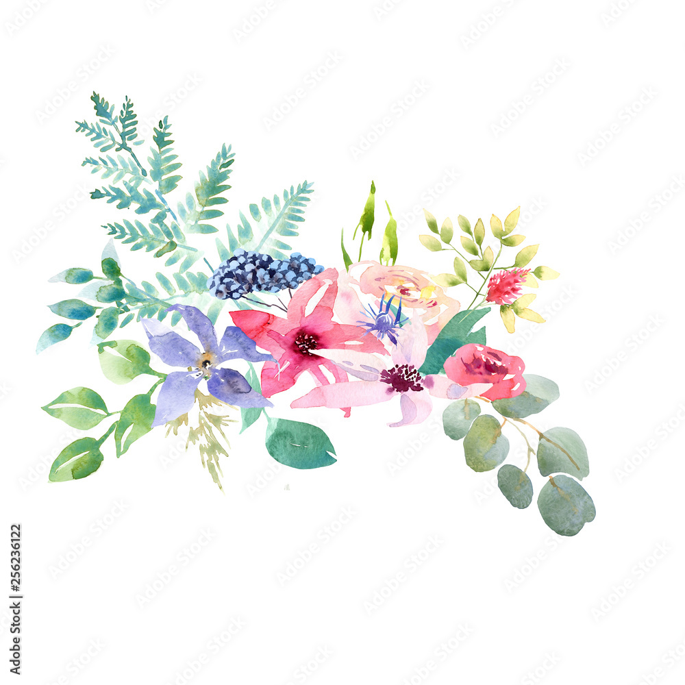 Obraz premium Collection spring Wedding romanric watercolor bouquet. Hand drawing watercolor blue pink and purple flowers ornament
