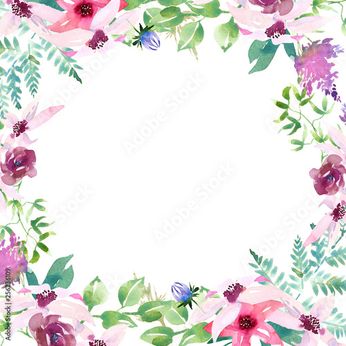 Wedding spring romantic bridal frame wreath. pink purple and white flowers green leaves ornament