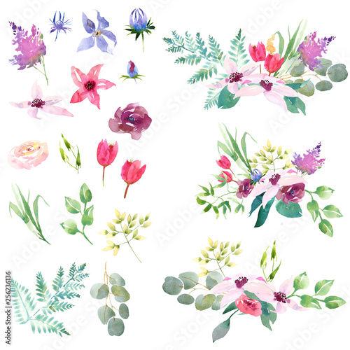 Collection spring romantic pink purple and white flowers green leaves. For Wedding invitation card.