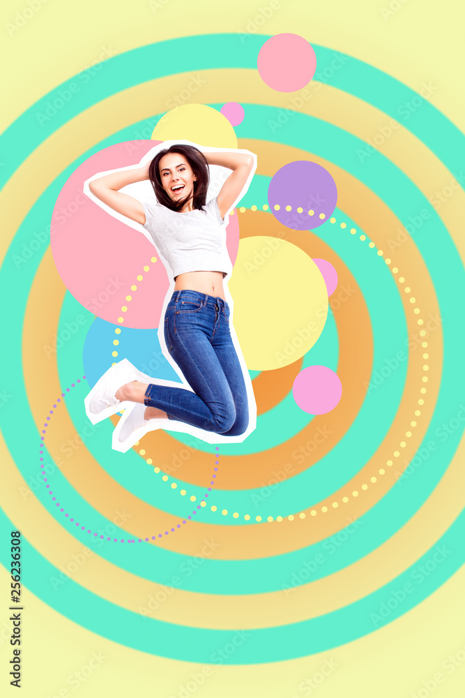 Full length body size portrait cute she her lady flying mixed cut out insert into different yellow pink blue violet circles illustration sport life placard idea isolated colored drawing background