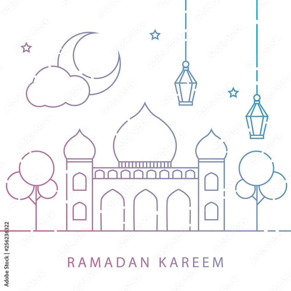 Ramadan Kareem background with moon, stars, lantern, mosque in the clouds. Ramadan mubarak Greeting card, invitation for muslim community. Vector illustration in mono line style