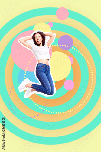 Full length body size portrait cute she her lady flying mixed cut out insert into different yellow pink blue violet circles illustration sport life placard idea isolated colored drawing background