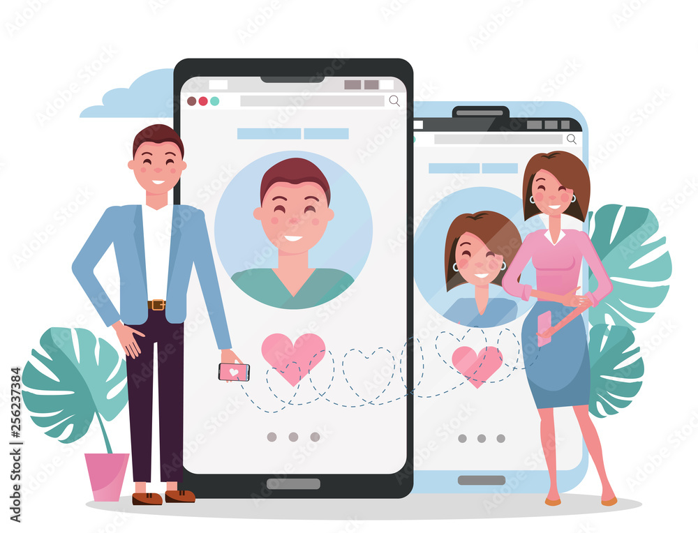 Online dating social networking, virtual relationships concept. Man and woman acquaintance in social network.Male female chatting on Internet.Flat cartoon vector illustration of couple near big phones Online dating social networking, virtual relationships concept. Man and woman acquaintance in social network.Male female chatting on Internet.Flat cartoon vector illustration of couple near big phones
