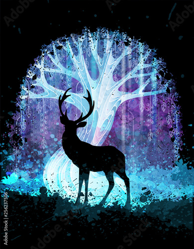 Deer silhouette in front of magic surreal tree in the night. Grunge vector illustration. Suits for poster or background